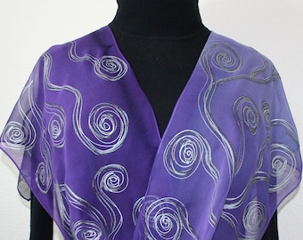 Purple Silk Scarf Hand Painted Chiffon Shawl PURPLE WAVES, in Several Sizes. Silk Scarves Colorado. Birthday, Christmas Gift, Mother Gift