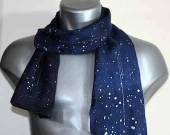 Unisex Silk Scarf Navy Blue, Royal Blue, Silver Scarf. Men, Women Hand Painted Scarf STARRY SKY, in 3 SIZES. Birthday Gift, Valentine Gift