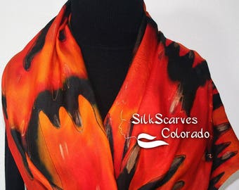 Silk Scarf Hand Painted Silk Shawl Red Orange Black Hand Dyed Silk Scarf FLOWING LAVA Large 14x72 Birthday Gift Scarf Gift-Wrapped Scarf