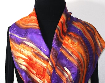 Silk Scarf Hand Painted Purple, Orange Handmade Shawl RAINING STARS. Select your size, Anniversary Gift, Mother Gift. Christmas Gift