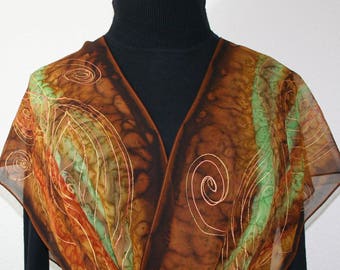 Silk Scarf,Brown, Green, Hand Painted Chiffon Shawl DANCING TREES, by Silk Scarves Colorado. Select Your SIZE! Birthday Gift, Christmas Gift