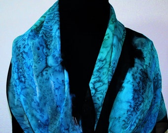 Teal Turquoise Chiffon Silk Scarf Hand Painted CARIBBEAN BREEZE by Silk Scarves Colorado. Select Your SIZE! Christmas Gift, Anniversary Gift