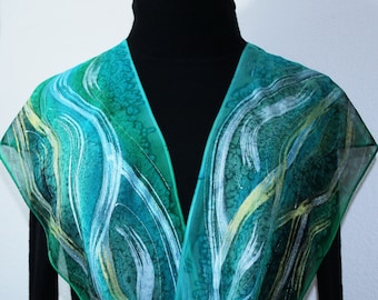 Green Chiffon Silk Scarf Hand Painted NATURAL TREASURE, by Silk Scarves Colorado. Select Your SIZE! Birthday Bridesmaid Gift Christmas Gift