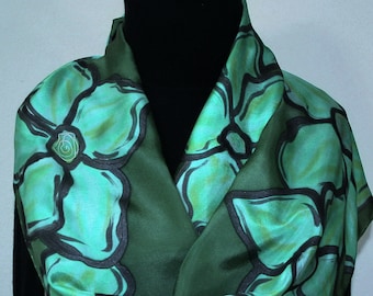 Dark Pine Green Silk Scarf Hand Painted TEA GARDEN by Silk Scarves Colorado. Select Your SIZE! Birthday Gift, Christmas Gift, Valentine Gift