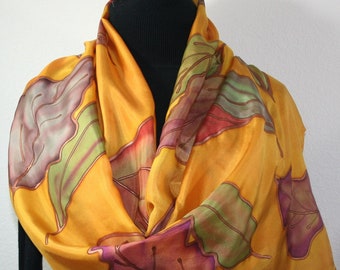 Silk Scarf, Mustard Yellow, Olive, Brown HandpaintedShawl AUTUMN LEAVES by Silk Scarves Colorado. Select Your SIZE! Birthday, Christmas Gift