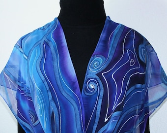 Scarf, Silk Scarf, Hand Painted, Blue, Purple Shawl PASSION STORM, Silk Scarves Colorado, Select Your SIZE! Anniversary Gift, Christmas Gift