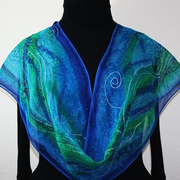 Silk Scarf Blue Teal Chiffon Handpainted SEA WINDS, by Silk Scarves Colorado. Select your SIZE! Birthday, Christmas Gift. Bridesmaid Gift.