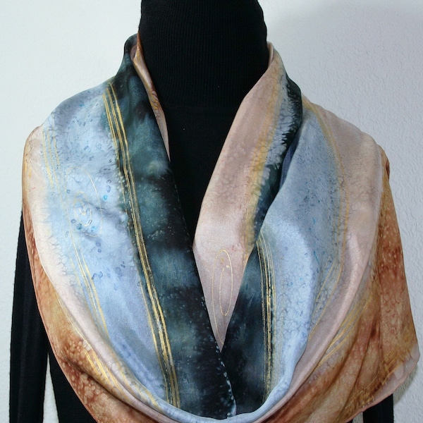 Silk Scarf, Beige, Black, Hand Painted Silk Shawl GLACIER WIND, by Silk Scarves Colorado. Select Your SIZE! Birthday Gift, Anniversary Gift