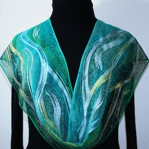 Green Chiffon Silk Scarf Hand Painted NATURAL TREASURE, by Silk Scarves Colorado. Select Your SIZE Birthday Bridesmaid Gift Christmas Gift image 1
