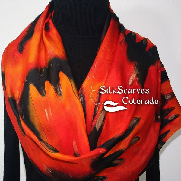 Silk Scarf, Red, Orange, Black Hand Painted Shawl FLOWING LAVA, by Silk Scarves Colorado. Select Your SIZE! Christmas Gift, Bridesmaid Gift