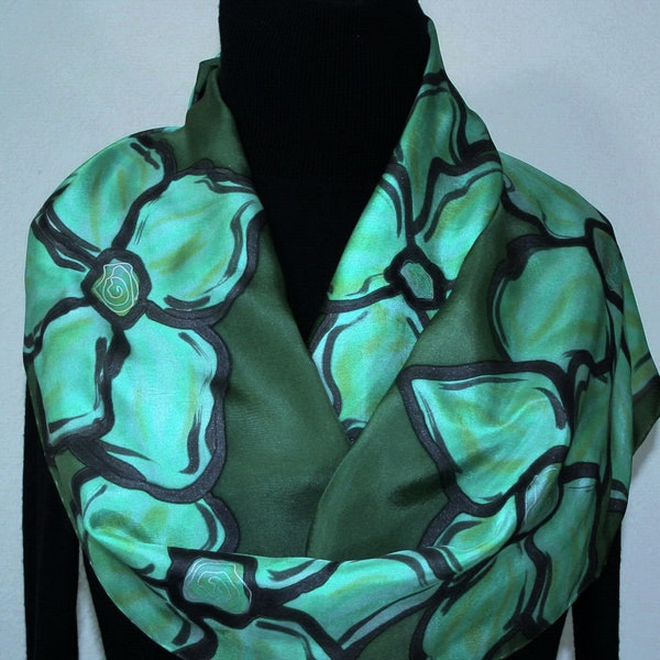 Dark Pine Green Silk Scarf Hand Painted TEA GARDEN by Silk Scarves Colorado. Select Your SIZE! Birthday Gift, Christmas Gift, Valentine Gift