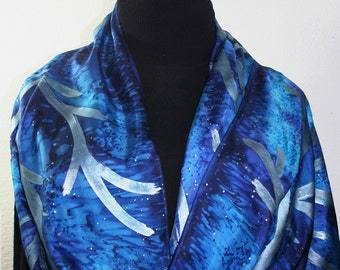 Blue, Silver Hand Painted Silk Scarf WINTER TWILIGHT, by Silk Scarves Colorado. Select Your SIZE! Birthday Gift, Christmas Gift, Mother Gift