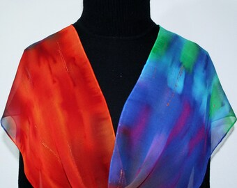 Silk Scarf Red Blue Green Hand Painted Chiffon Silk Shawl NEON FLAMES, by Silk Scarves Colorado. Select Your SIZE! Birthday, Christmas Gift