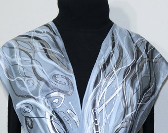 Silk Scarf Gray Black White Hand Dyed Silk Shawl WINTER BLIZZARD, by Silk Scarves Colorado. Select Your SIZE! Birthday Gift, Christmas Gift