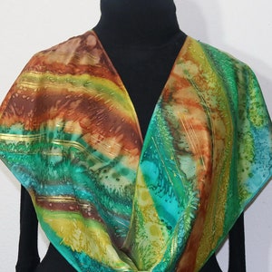 Silk Scarf Hand Painted Green, Terracotta Handmade Shawl STORMY RIVER, in Several SIZES. Mother&#39;s Gift. Silk Art. Silk Bridesmaid Gift