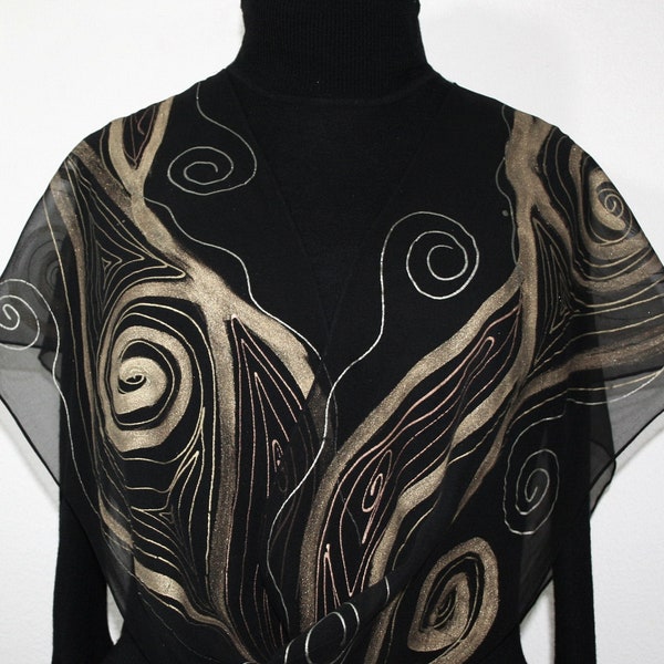 Silk Chiffon Scarf Black Ancient Gold Hand Painted GOLDEN GIRL, Silk Scarves Colorado. Select Your SIZE! Christmas Gift, Anniversary Gift