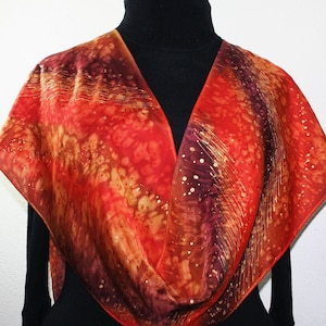 Hand Painted Silk Scarf: Burgundy Red Orange Sparkly Rain Shawl, Silk Scarves Colorado