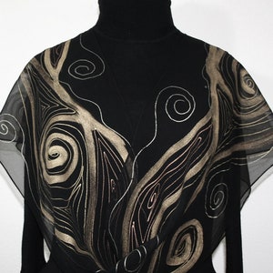 Hand Painted Silk Chiffon Scarf: Black & Ancient Gold Shawl, Golden Girl Design