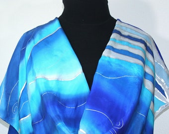 Silk Scarf Blue Turquoise Gray Hand Painted Silk Shawl COLORADO WINTER, by Silk Scarves Colorado. Select Your SIZE! Birthday, Christmas Gift