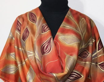 Silk Scarf Red Yellow Beige Hand Painted Hand Dyed AUTUMN GOLD, by Silk Scarves Colorado. Select Your SIZE! Birthday Gift, Christmas Gift