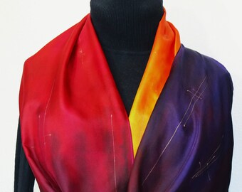 Silk Scarf Orange Red Purple Hand Painted Silk Shawl SANTA FE SUNSET, Silk Scarves Colorado. Select Your Size! Birthday Gift, Christmas Gift