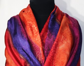 Silk Scarf Red Orange Purple Hand Painted Silk Shawl FLAMES OF LOVE, by Silk Scarves Colorado. Select Your Size! Birthday Gift Idea for Her.