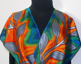 Silk Scarf Green Orange Hand Painted Silk Shawl SUNSET GARDEN, by Silk Scarves Colorado, in Several SIZES. Elegant Silk Gift. Birthday Gift