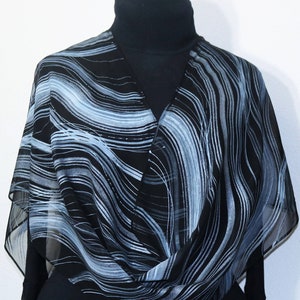 Hand Painted Silk Scarf: Black, White & Silver Waves - Handmade in Colorado