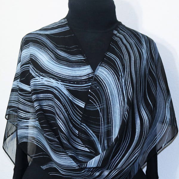 Black White Silver Hand Painted Silk Scarf SILVER WAVES, by Silk Scarves Colorado. Select Your SIZE! Mother, Birthday Gift. Bridesmaid Gift.