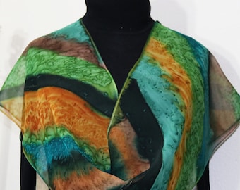 Chiffon Silk Scarf Green Brown Hand Painted Scarf MOUNTAIN DAWN, Offered in Several SIZES. Silk Scarves Colorado. Handmade Christmas Gift