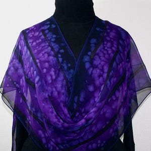 Handpainted Purple Silk Scarf: Chiffon Shawl, Purple Evening, Handmade in Colorado