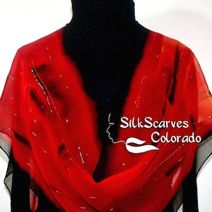 Hand Painted Silk Chiffon Scarf: Red & Black NIGHT PASSION Shawl, Handmade in Colorado
