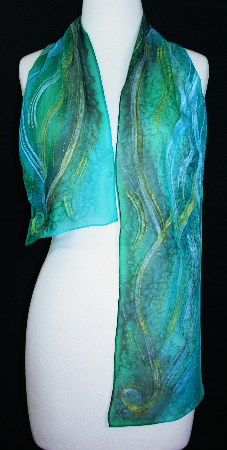 Green Chiffon Silk Scarf Hand Painted NATURAL TREASURE, by Silk Scarves Colorado. Select Your SIZE Birthday Bridesmaid Gift Christmas Gift image 2