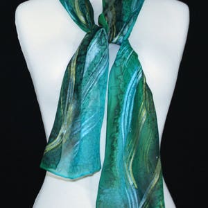 Green Chiffon Silk Scarf Hand Painted NATURAL TREASURE, by Silk Scarves Colorado. Select Your SIZE Birthday Bridesmaid Gift Christmas Gift image 3