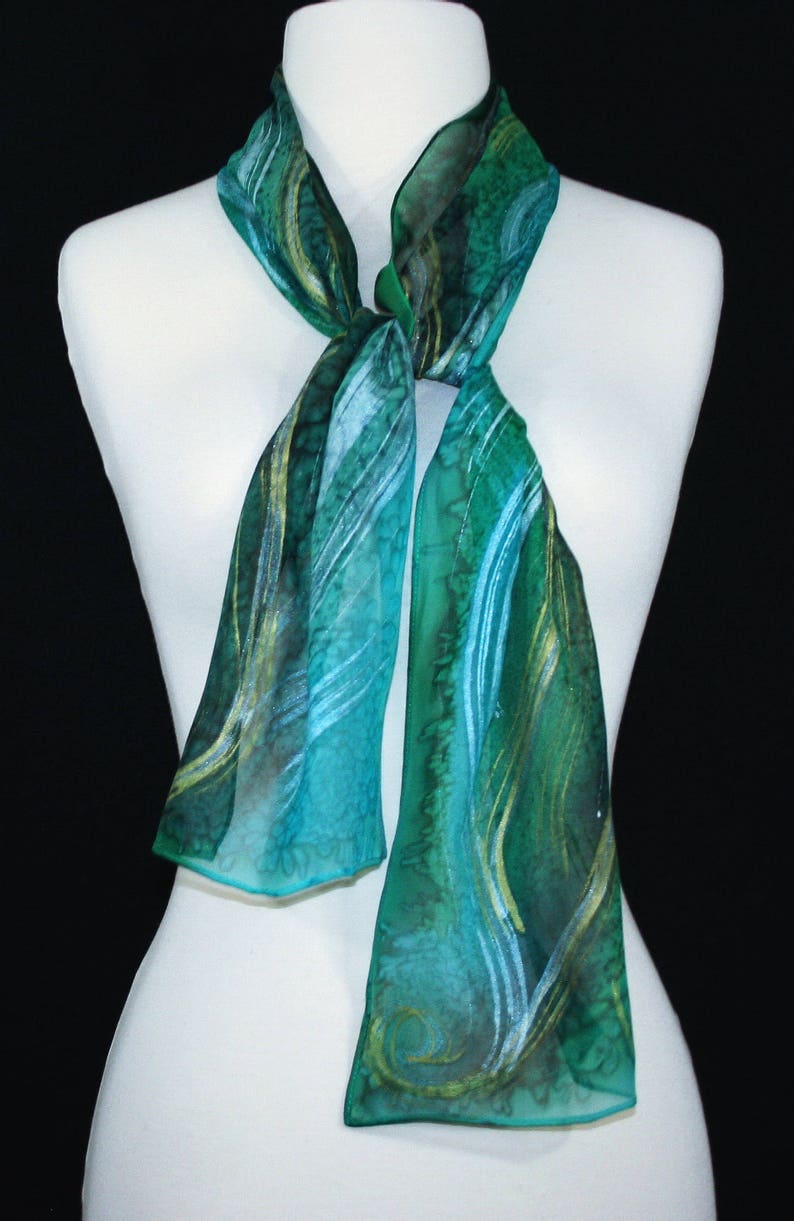 Green Chiffon Silk Scarf Hand Painted NATURAL TREASURE, by Silk Scarves Colorado. Select Your SIZE Birthday Bridesmaid Gift Christmas Gift image 3