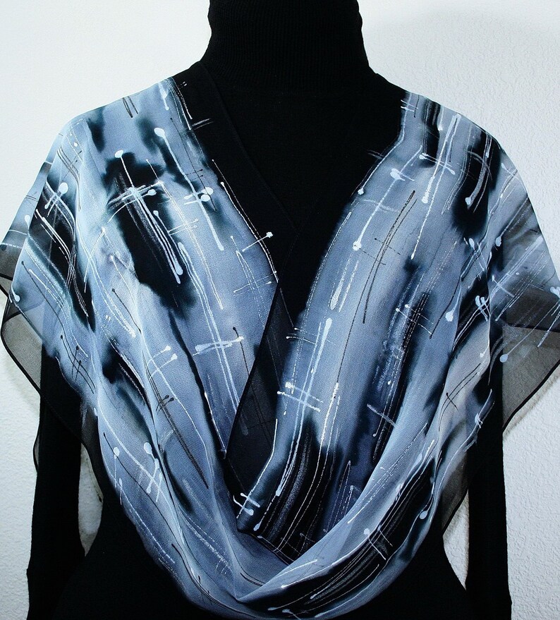 Silk Scarf Black White Gray Hand Painted Chiffon Scarf SALT & PEPPER, Silk Scarves Colorado. Select Your SIZE Birthday Gift, Christmas Gift image 1