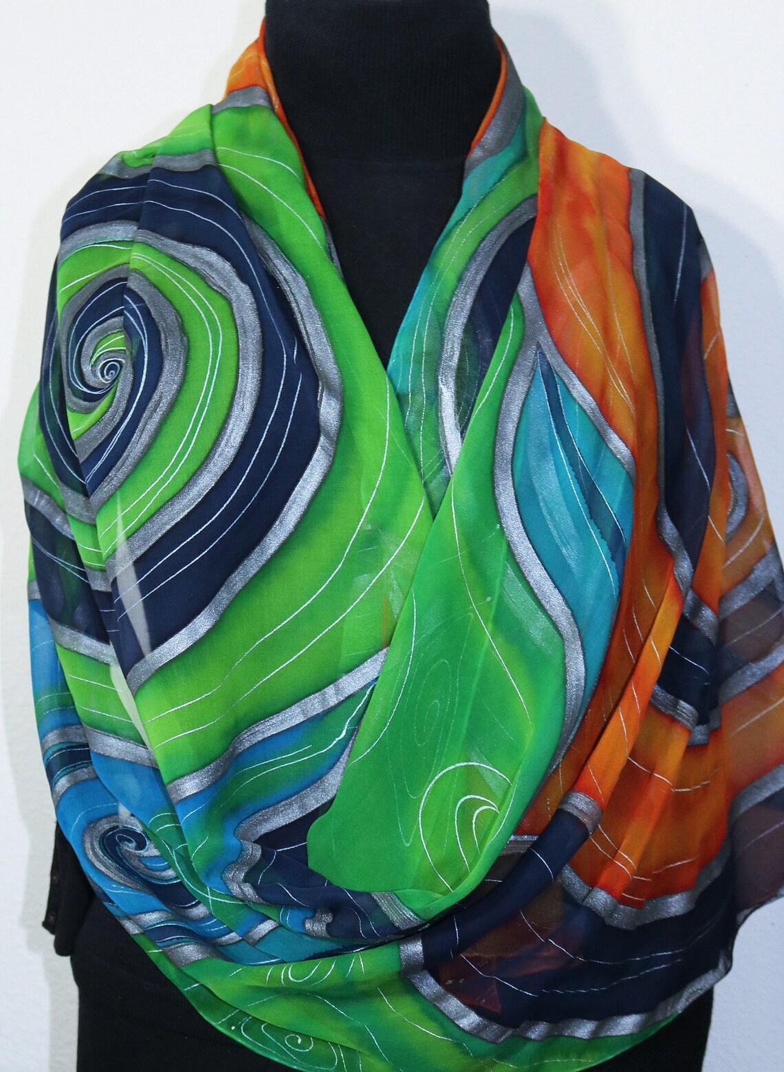 Green Blue Orange Silk Scarf Hand Painted Chiffon Shawl OCEAN Etsy