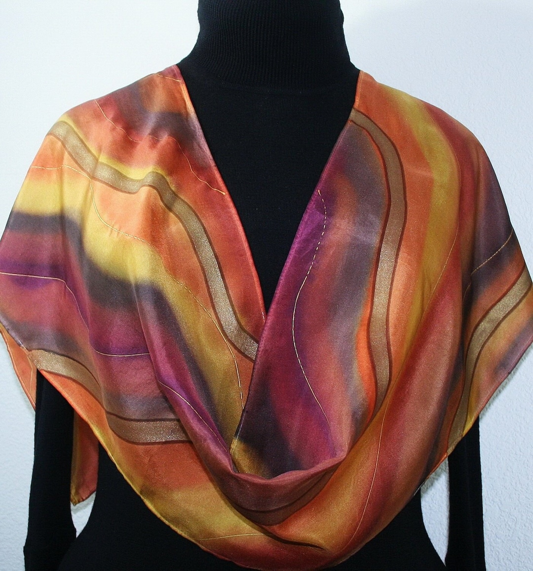 Hand Painted Silk Scarf: Brown Burgundy Shawl, Arizona Rocks