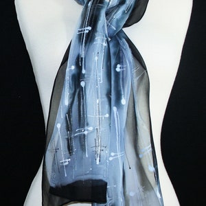 Silk Scarf Black White Gray Hand Painted Chiffon Scarf SALT & PEPPER, Silk Scarves Colorado. Select Your SIZE Birthday Gift, Christmas Gift image 2