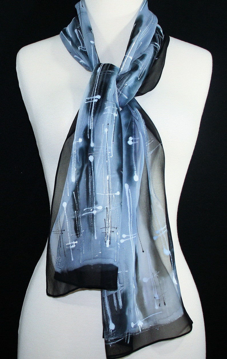 Silk Scarf Black White Gray Hand Painted Chiffon Scarf SALT & PEPPER, Silk Scarves Colorado. Select Your SIZE Birthday Gift, Christmas Gift image 2