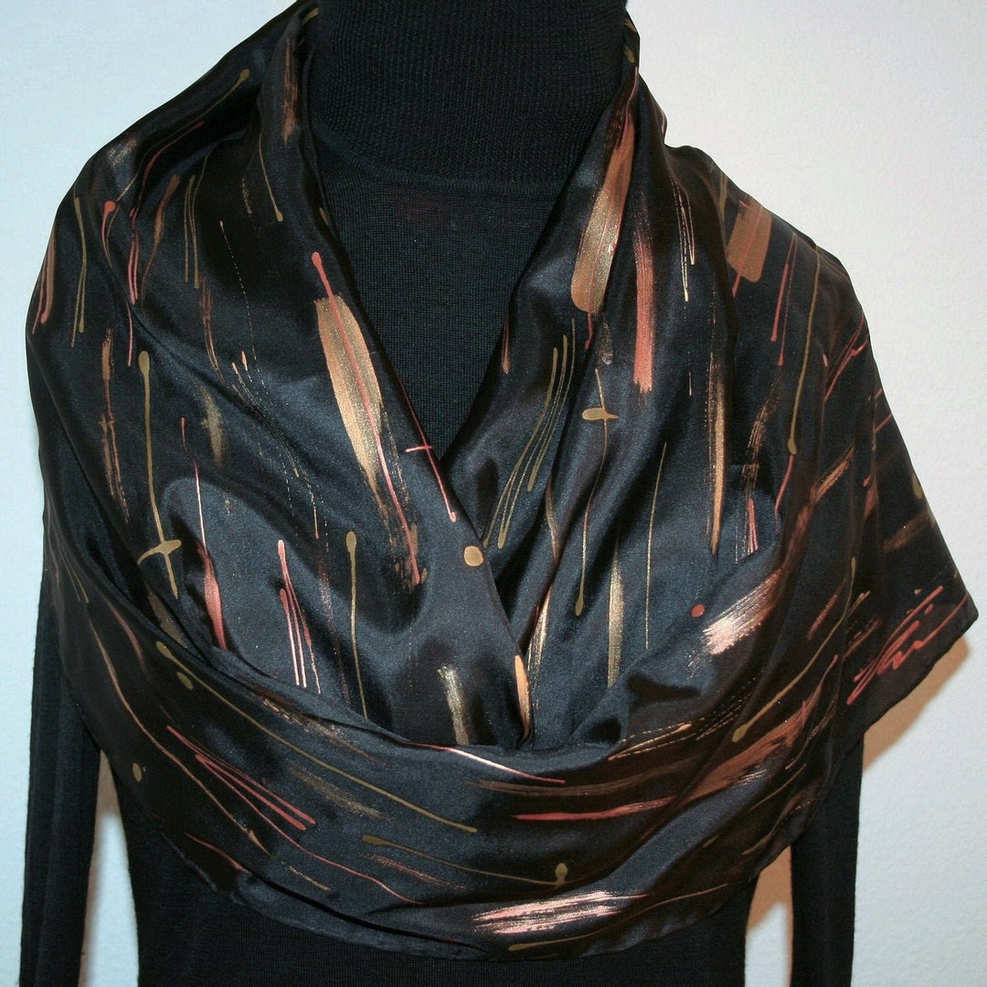 Black Gold Bronze Silk Scarf Hand Painted Silk Shawl SHOOTING