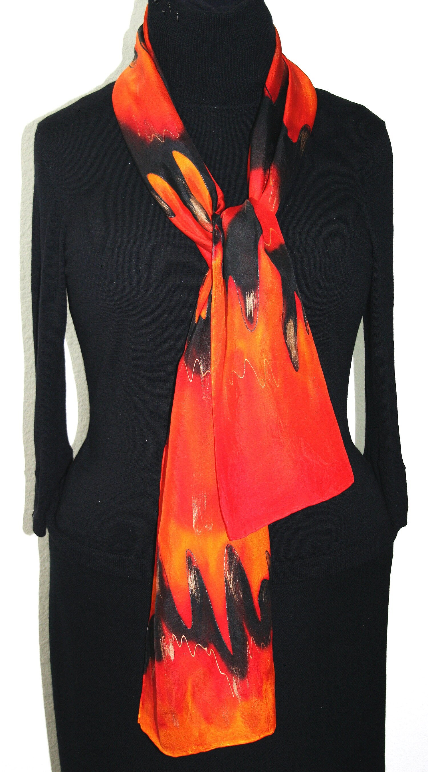 Silk Scarf Red Orange Black Hand Painted Shawl FLOWING Etsy