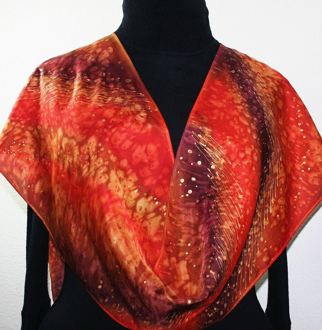 Hand Painted Silk Scarf: Burgundy Red Orange Sparkly Rain Shawl