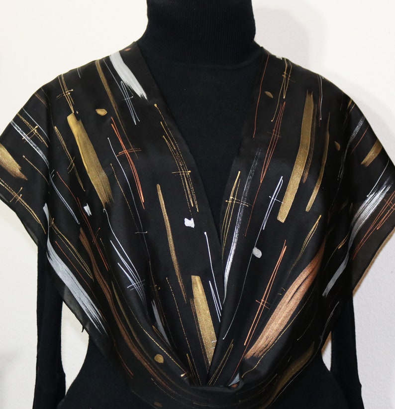 Black Gold Bronze Silk Scarf Hand Painted Silk Shawl SHOOTING STARS, Silk Scarves Colorado. Select Your SIZE Birthday Gift, Christmas Gift image 7