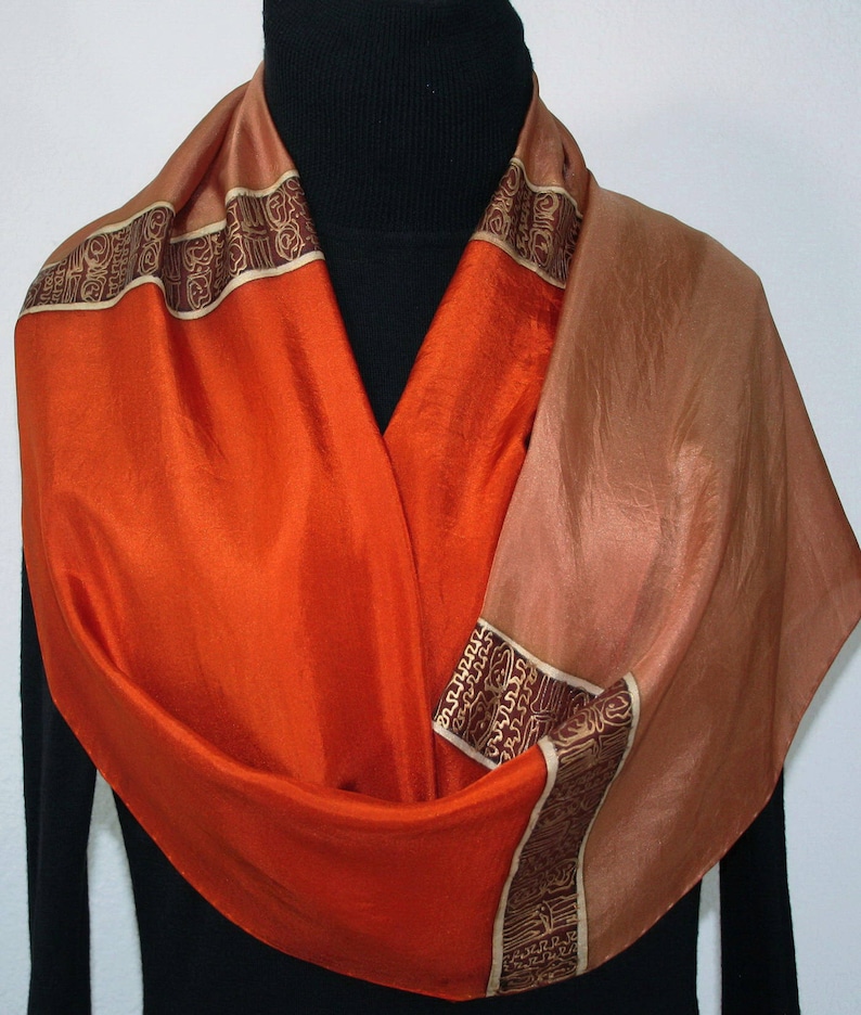Christmas Gift. Caramel Beige Hand Painted Filigree Shawl COPPER CHIC Silk Scarves Colorado Birthday Size Large14x72 Silk Scarf Copper