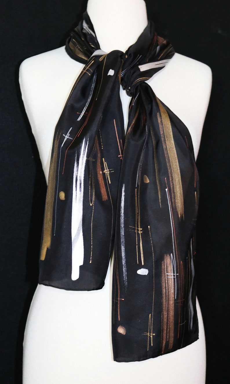 Black Gold Bronze Silk Scarf Hand Painted Silk Shawl SHOOTING STARS, Silk Scarves Colorado. Select Your SIZE Birthday Gift, Christmas Gift image 9