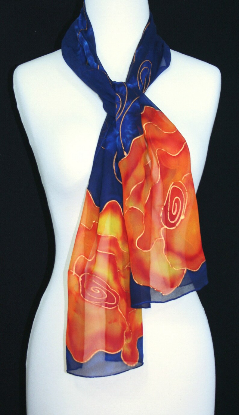 Silk Scarf Navy Blue Orange Hand Painted Chiffon Scarf LOVE Etsy