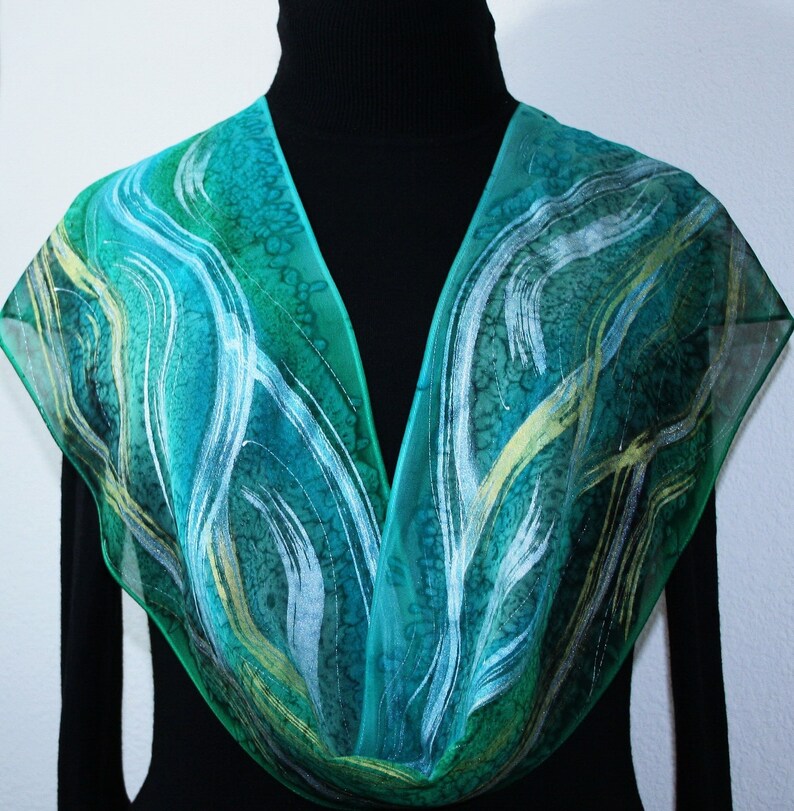 Green Chiffon Silk Scarf Hand Painted NATURAL TREASURE, by Silk Scarves Colorado. Select Your SIZE Birthday Bridesmaid Gift Christmas Gift image 1