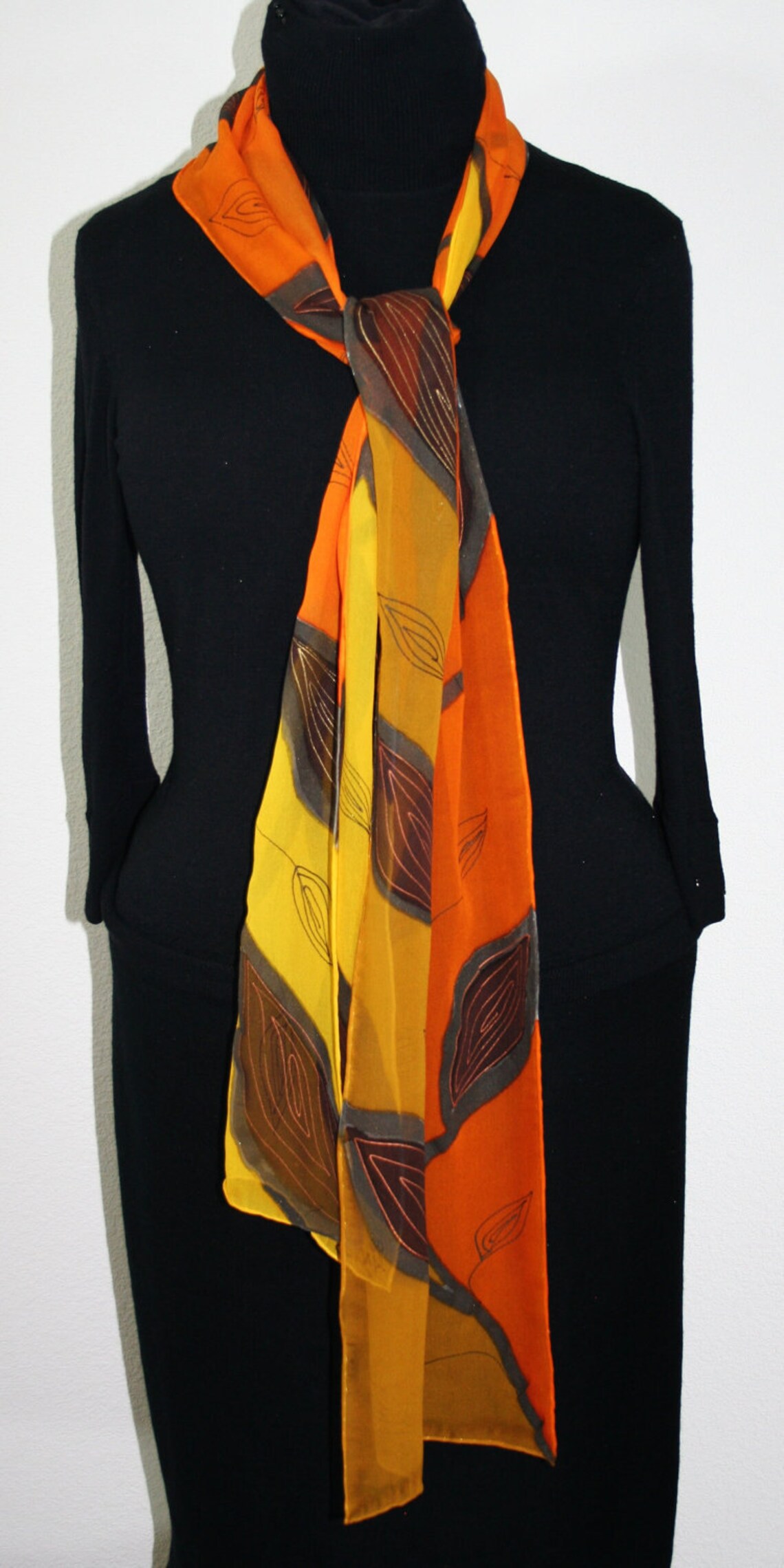 Silk Scarf Yellow Orange Black Hand Painted Chiffon SOFT Etsy