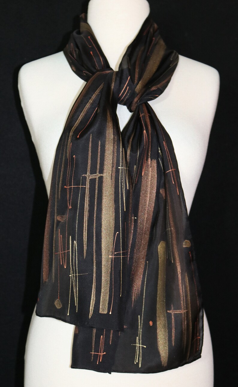 Black Gold Bronze Silk Scarf Hand Painted Silk Shawl SHOOTING STARS, Silk Scarves Colorado. Select Your SIZE Birthday Gift, Christmas Gift image 2